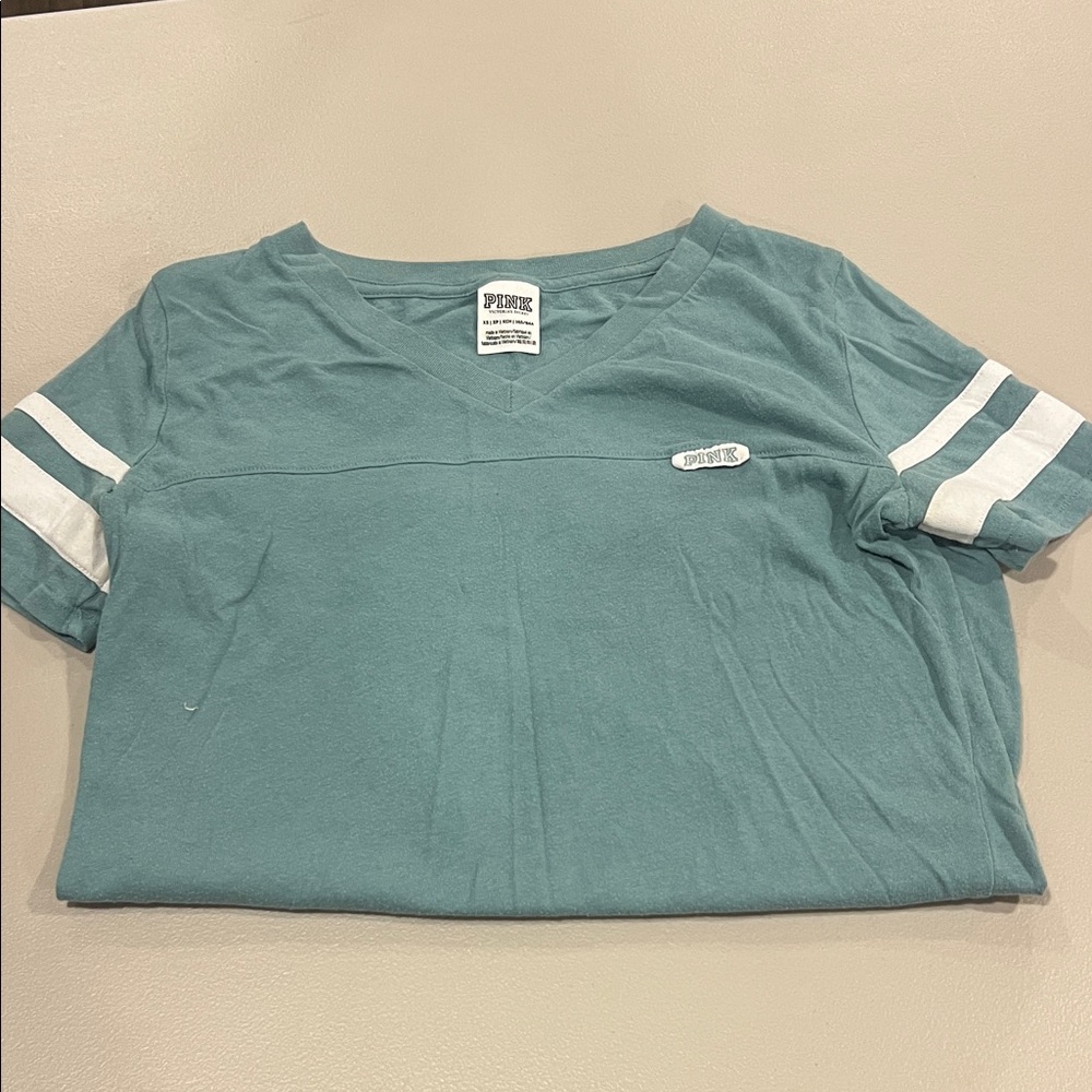 PINK Victoria's Secret Teal V-Neck Top with White Stripes